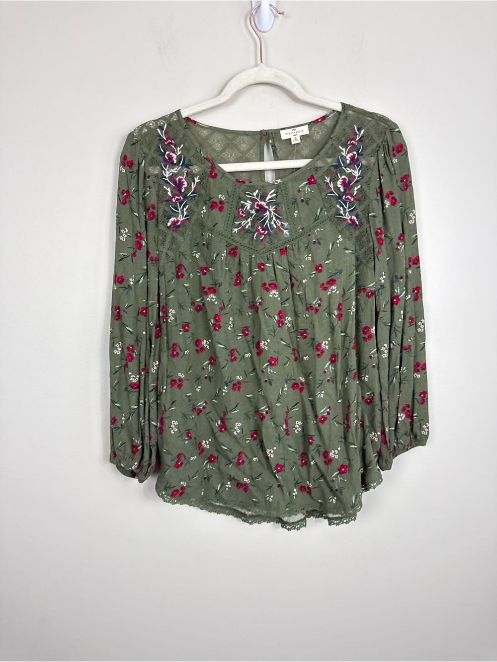 Mason & Belle Floral Top Embroidered Sheer Flowy Oversized Women Small Green Red